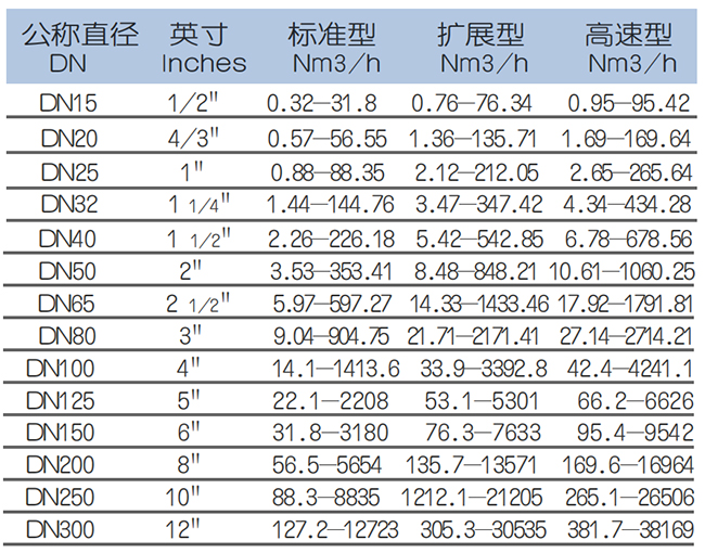 DN50熱式氣體質(zhì)量流量計(jì)流量范圍表